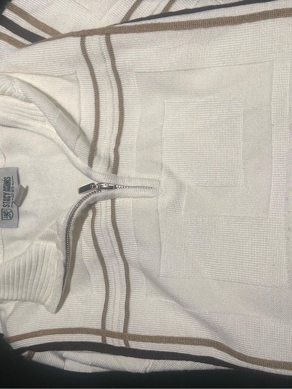 Stacy Adams Cream Zip-Up Sweater with Brown and Navy Stripes